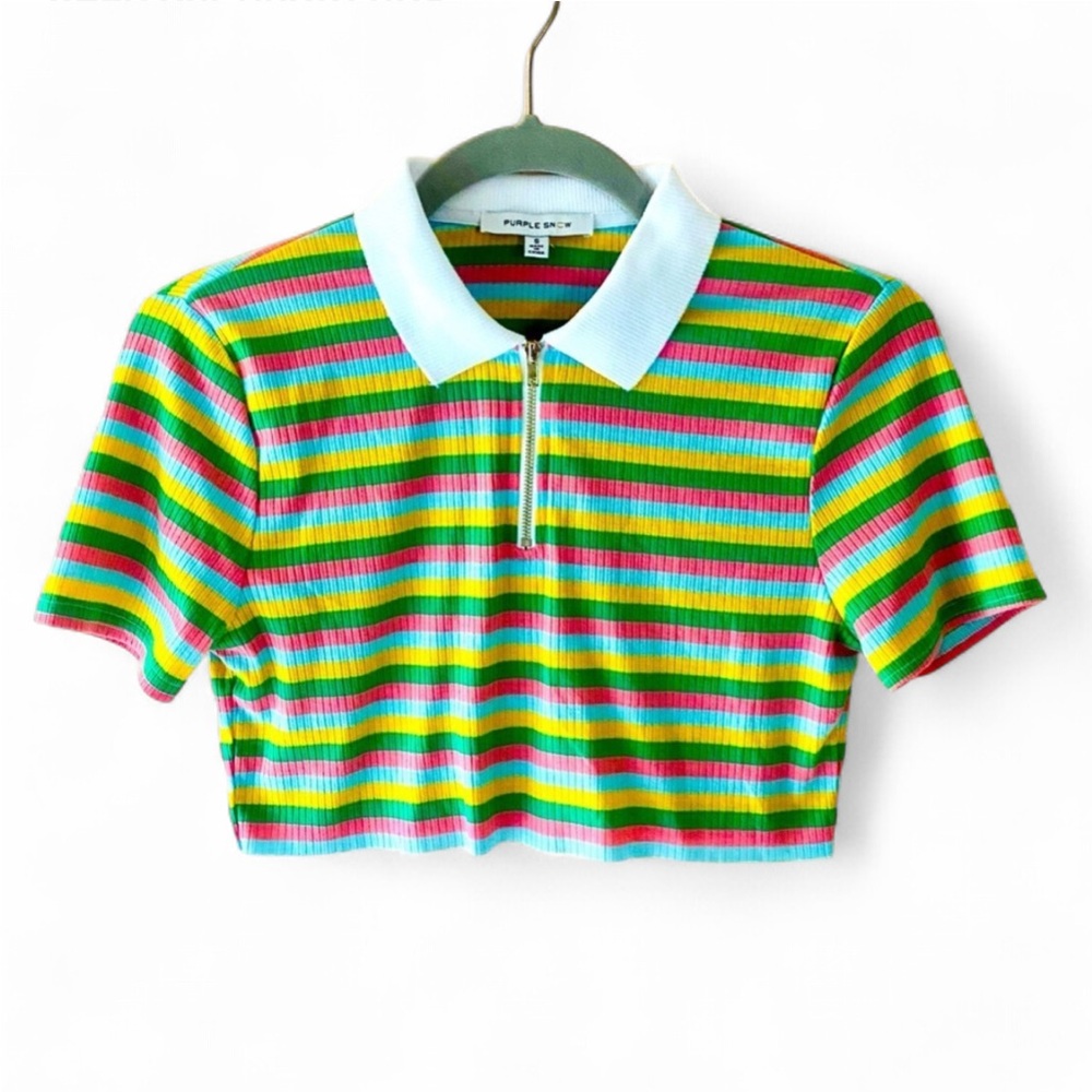 PURPLE SNOW PINK GREEN BLUE YELLOW STRIPE RIBBED KNIT COLLARED CROP TOP SMALL